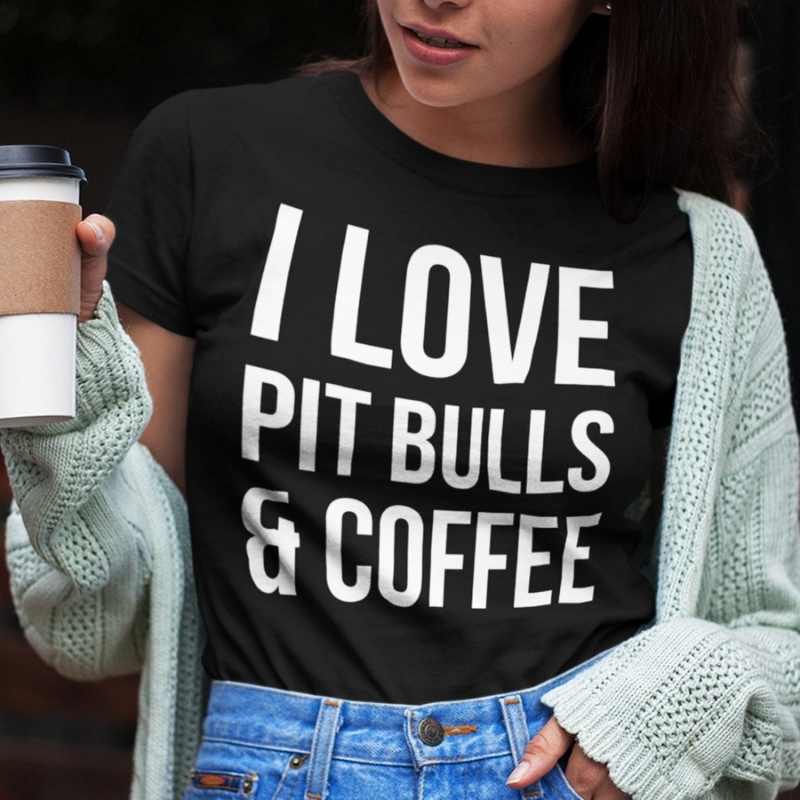 i love pit bulls and coffee black tee white design