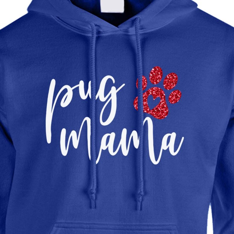 pug mama hoodie royal blue red glitter